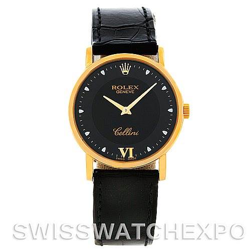 This image shows a frontal view of a Rolex Cellini 5115 Men's Yellow Gold Black Dial 5115 Men's Yellow Gold Black Dial watch, highlighting the face, bezel, crown, and leather strap.