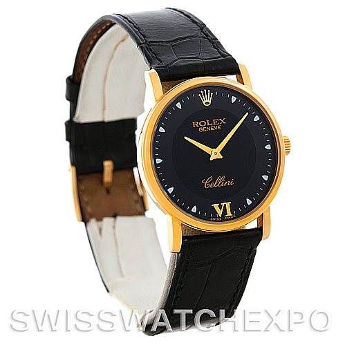 The image shows a Rolex Cellini 5115 Men's Yellow Gold Black Dial 5115 Men's Yellow Gold Black Dial watch at a slight angle, displaying the black dial, gold case, and black leather strap.