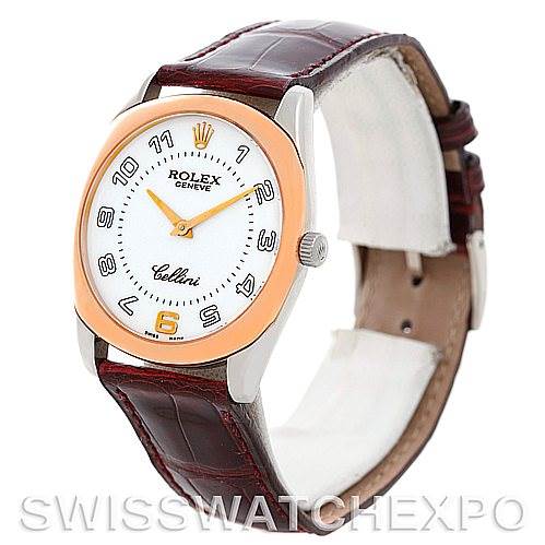 This Rolex Cellini 4233 Men's White Gold White Dial 4233 Men's White Gold White Dial watch is shown at a 3/4 angle, displaying the face, bezel, crown, lugs, and strap.