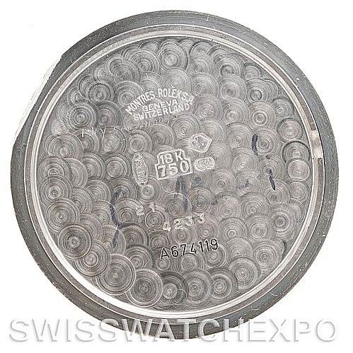 The image shows the inside case back of a Rolex Cellini 4233 Men's White Gold White Dial 4233 Men's White Gold White Dial watch, highlighting the brand markings and material information.