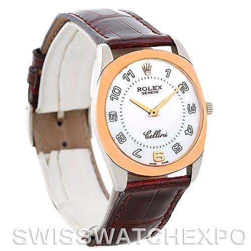 This Rolex Cellini 4233 Men's White Gold White Dial 4233 Men's White Gold White Dial model watch is shown at an oblique angle, highlighting its face, strap, and case.