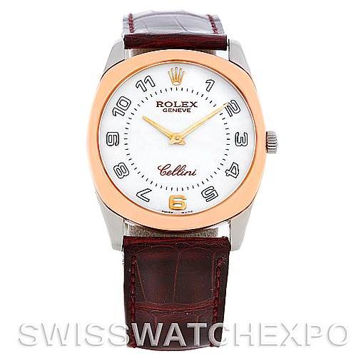 This Rolex Cellini 4233 Men's White Gold White Dial 4233 Men's White Gold White Dial watch is shown from a front angle, displaying its dial, bezel, crown, and leather strap.
