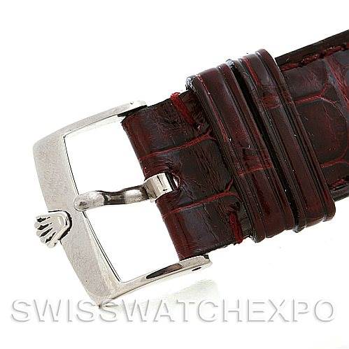 This image shows a close-up of the clasp and strap of a Rolex Cellini 4233 Men's White Gold White Dial 4233 Men's White Gold White Dial watch.