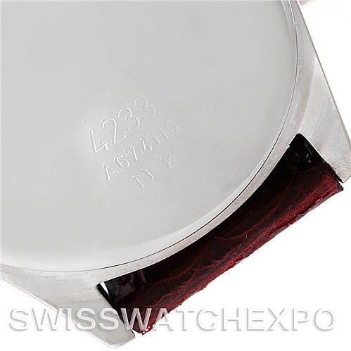 The image shows the back case and part of the strap of a Rolex Cellini 4233 Men's White Gold White Dial 4233 Men's White Gold White Dial watch, viewed from the rear angle.