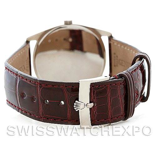 This image shows the back view of a Rolex Cellini 4233 Men's White Gold White Dial 4233 Men's White Gold White Dial watch, highlighting its leather strap and clasp.