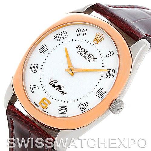 The image shows a Rolex Cellini 4233 Men's White Gold White Dial 4233 Men's White Gold White Dial watch from an angled front view, highlighting the dial, bezel, crown, and leather strap.