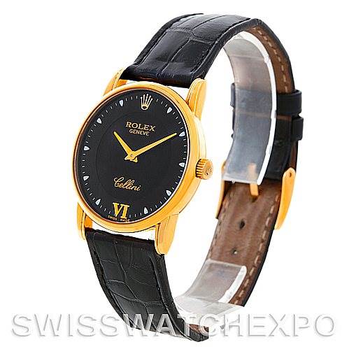 This Rolex Cellini 5116 Men's Yellow Gold Black Dial 5116 Men's Yellow Gold Black Dial watch is shown at an angle highlighting its black leather strap, gold case, and black dial.