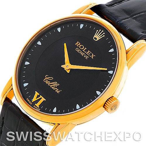 This image shows a Rolex Cellini 5116 Men's Yellow Gold Black Dial 5116 Men's Yellow Gold Black Dial watch at a slight angle, highlighting its black dial, gold hands, and case with a black leather strap.