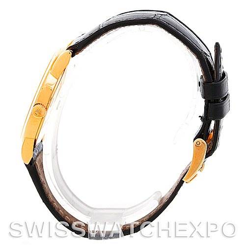 The image shows a Rolex Cellini 5116 Men's Yellow Gold Black Dial 5116 Men's Yellow Gold Black Dial watch in a side profile angle, highlighting its gold case, crown, and black leather strap.