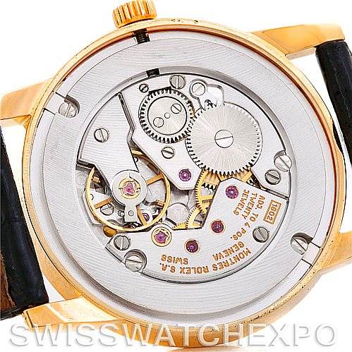 The image shows the movement and internal mechanism of a Rolex Cellini 5116 Men's Yellow Gold Black Dial 5116 Men's Yellow Gold Black Dial watch from the back angle.