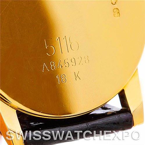 This image shows the back case of a Rolex Cellini 5116 Men's Yellow Gold Black Dial 5116 Men's Yellow Gold Black Dial watch, featuring the engraved model number and gold markings.