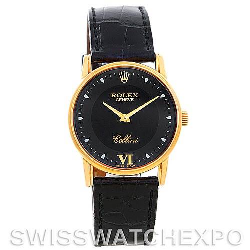 This is a front view of a Rolex Cellini 5116 Men's Yellow Gold Black Dial 5116 Men's Yellow Gold Black Dial watch, showing its face, bezel, crown, hands, and leather strap.