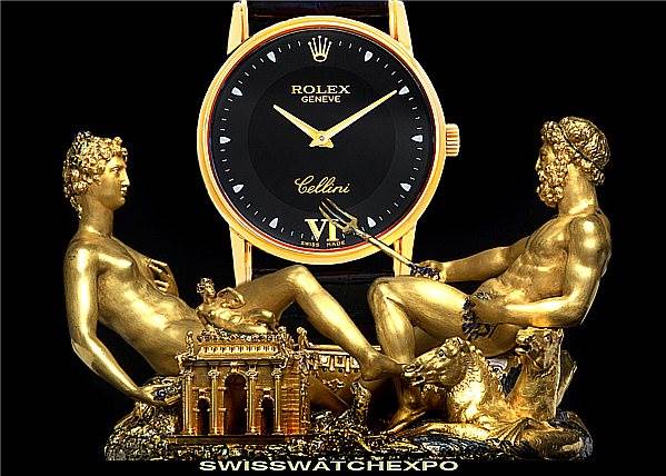 The Rolex Cellini 5116 Men's Yellow Gold Black Dial 5116 Men's Yellow Gold Black Dial watch is shown from the front, highlighting its dial, hands, crown, and bezel.