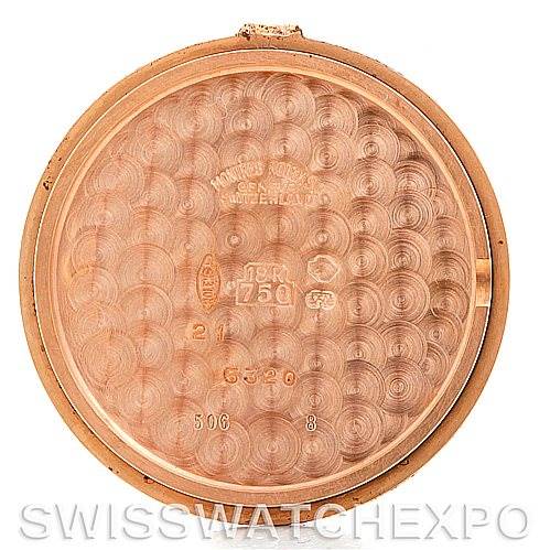 The image shows the inside case back of a Rolex Cellini 5320/5 Rose Gold White Dial 5320/5 Rose Gold White Dial watch, revealing the markings and engravings.