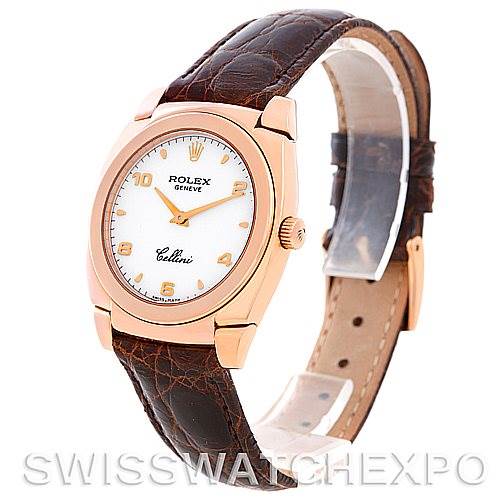 The Rolex Cellini 5320/5 Rose Gold White Dial 5320/5 Rose Gold White Dial watch is shown from a three-quarter front angle, highlighting its dial, case, crown, and leather strap.