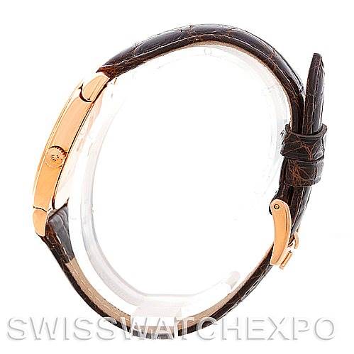 This image shows a side view of a Rolex Cellini 5320/5 Rose Gold White Dial 5320/5 Rose Gold White Dial watch, highlighting the case, crown, and leather strap.