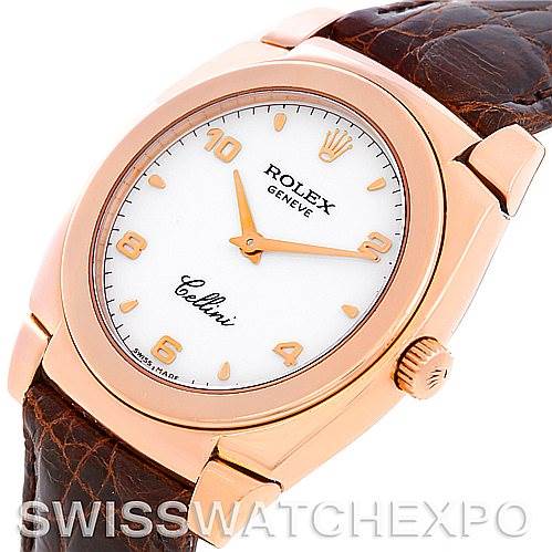 The image shows a Rolex Cellini 5320/5 Rose Gold White Dial 5320/5 Rose Gold White Dial watch at an angle highlighting the face, crown, and part of the brown leather strap.