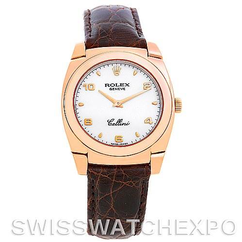 The image shows a Rolex Cellini 5320/5 Rose Gold White Dial 5320/5 Rose Gold White Dial watch from a front view, highlighting its face, dial, case, and leather strap.