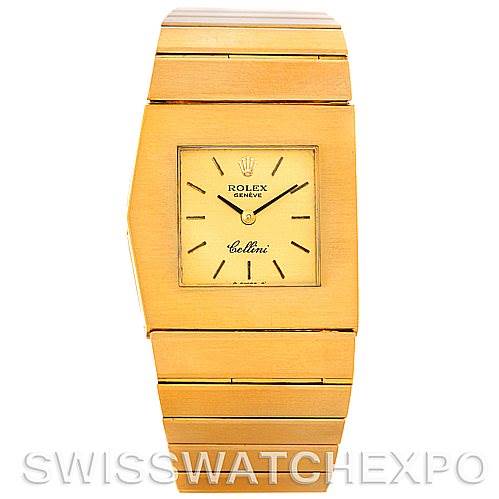 The image shows a front view of a Rolex Cellini 4017 Men's Yellow Gold Champagne Dial 4017 Men's Yellow Gold Champagne Dial watch, highlighting its gold square face and matching band.