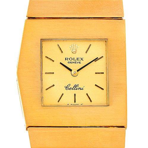 This image shows the front face of the Rolex Cellini 4017 Men's Yellow Gold Champagne Dial 4017 Men's Yellow Gold Champagne Dial watch, highlighting its square dial, hour markers, hands, and brand logo.