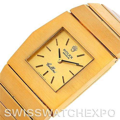 The image shows a close-up of the dial and part of the bracelet of a Rolex Cellini 4017 Men's Yellow Gold Champagne Dial 4017 Men's Yellow Gold Champagne Dial watch at an angled view.