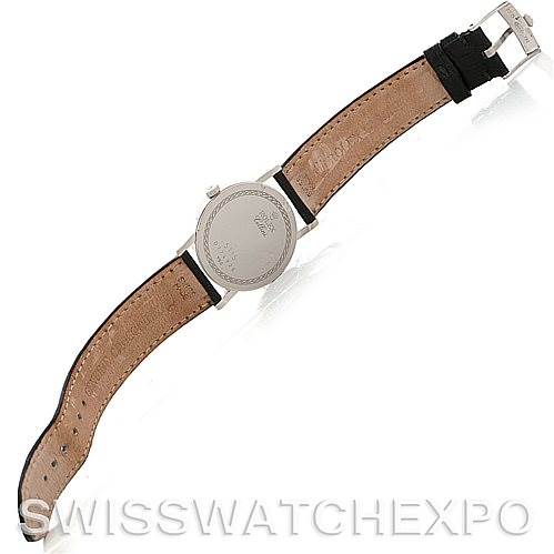 The image shows the back view of a Rolex Cellini 5115 Men's White Gold Silver Dial 5115 Men's White Gold Silver Dial watch, displaying its leather strap and metal clasp.