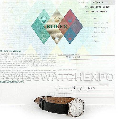 The image shows a Rolex Cellini 5115 Men's White Gold Silver Dial 5115 Men's White Gold Silver Dial watch laying flat with its face and leather strap visible, accompanied by warranty papers.