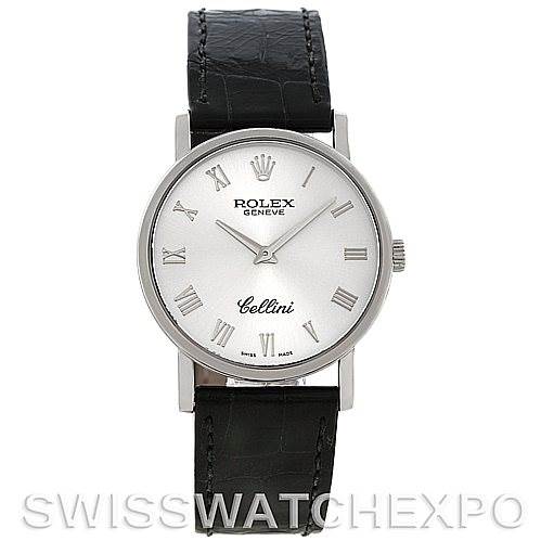 The Rolex Cellini 5115 Men's White Gold Silver Dial 5115 Men's White Gold Silver Dial watch is shown from the front angle, displaying its silver dial, Roman numerals, and black leather strap.