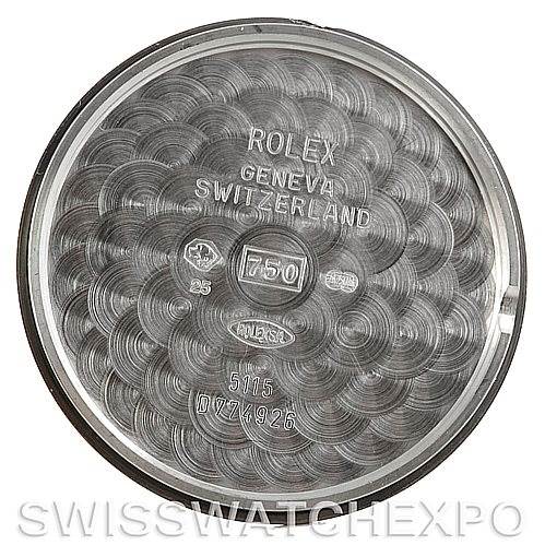 This image shows the inner case back of a Rolex Cellini 5115 Men's White Gold Silver Dial 5115 Men's White Gold Silver Dial watch, featuring branding and model details.