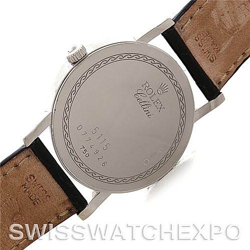 The image shows the back view of a Rolex Cellini 5115 Men's White Gold Silver Dial 5115 Men's White Gold Silver Dial watch with visible markings and leather straps.