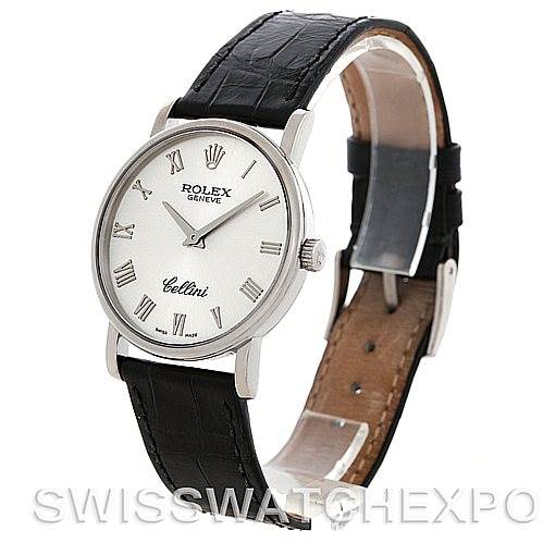 This Rolex Cellini 5115 Men's White Gold Silver Dial 5115 Men's White Gold Silver Dial watch is shown at a 3/4 angle, highlighting its face, black leather strap, and side profile.