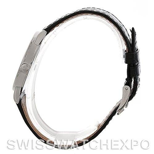 This image shows a side profile view of the Rolex Cellini 5115 Men's White Gold Silver Dial 5115 Men's White Gold Silver Dial watch, highlighting its thin case and black leather strap.