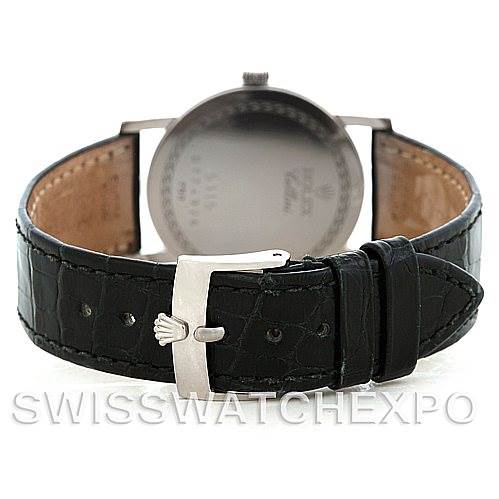 The image shows the back view of a Rolex Cellini 5115 Men's White Gold Silver Dial 5115 Men's White Gold Silver Dial watch, focusing on the leather strap and silver-colored buckle.