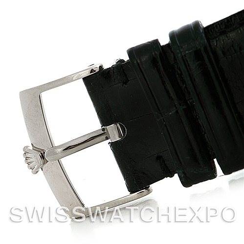 This image shows a close-up of the buckle and strap of a Rolex Cellini 4233 Men's White Gold White Dial 4233 Men's White Gold White Dial watch.