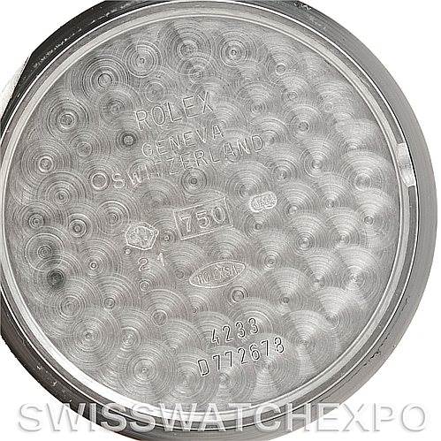 The image shows the inner case back of a Rolex Cellini 4233 Men's White Gold White Dial 4233 Men's White Gold White Dial model watch, featuring detailed engravings and markings.