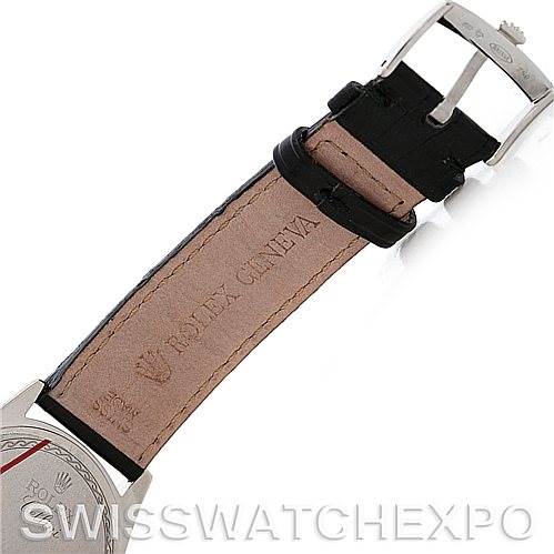 The image shows the leather strap and buckle of a Rolex Cellini 4233 Men's White Gold White Dial 4233 Men's White Gold White Dial watch, with the Rolex Geneva engraving visible.