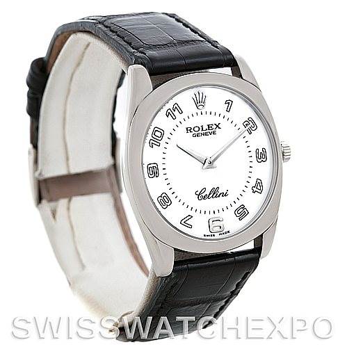 The image shows a Rolex Cellini 4233 Men's White Gold White Dial 4233 Men's White Gold White Dial watch from a front angle, displaying the dial, hands, bezel, and black leather strap.