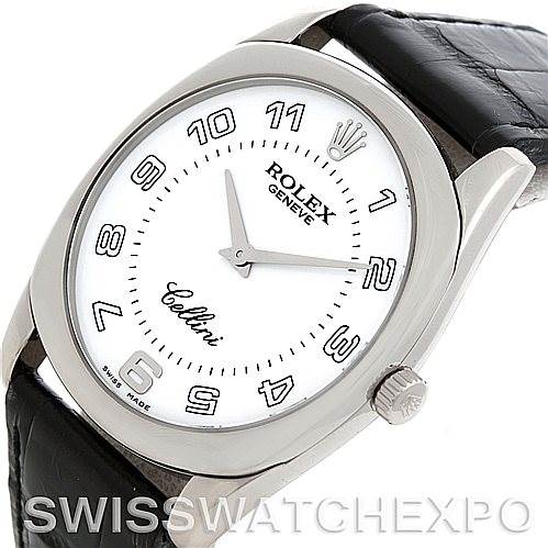 The Rolex Cellini 4233 Men's White Gold White Dial 4233 Men's White Gold White Dial watch is shown from a front angle, highlighting its face, hands, crown, and leather strap.