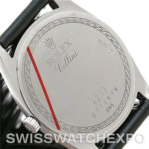 This image shows the back case of a Rolex Cellini 4233 Men's White Gold White Dial 4233 Men's White Gold White Dial watch, including the crown and strap attachment points.