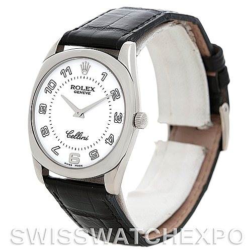 The image shows a side and front angle of the Rolex Cellini 4233 Men's White Gold White Dial 4233 Men's White Gold White Dial watch, highlighting its face, strap, and crown.