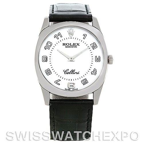 This image shows a front view of a Rolex Cellini 4233 Men's White Gold White Dial 4233 Men's White Gold White Dial watch, including its dial, case, crown, and leather strap.