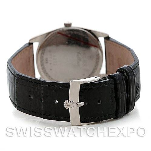 The image shows the rear view of a Rolex Cellini 4233 Men's White Gold White Dial 4233 Men's White Gold White Dial watch, focusing on the leather strap and clasp.