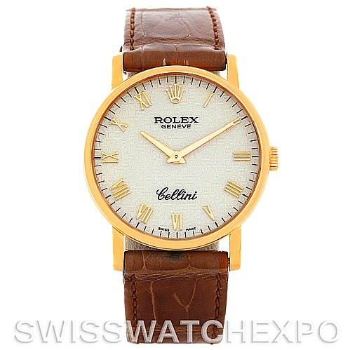 The Rolex Cellini 5115 Men's Yellow Gold Beige Dial 5115 Men's Yellow Gold Beige Dial watch is shown from a straight-on angle, displaying the dial, case, crown, and leather strap.