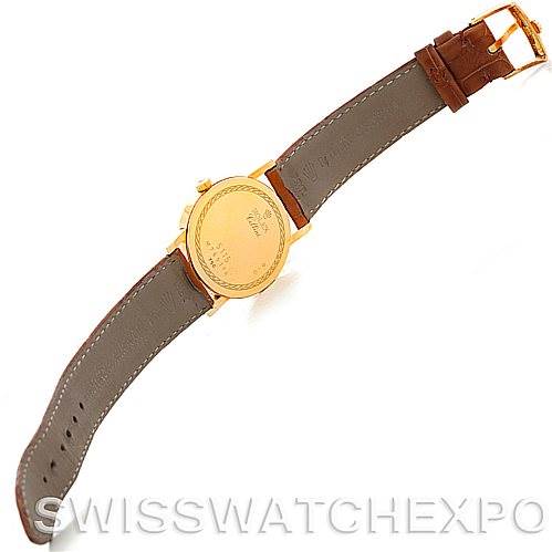 This image shows the back view of a Rolex Cellini 5115 Men's Yellow Gold Beige Dial 5115 Men's Yellow Gold Beige Dial watch, highlighting the back case and brown leather strap.