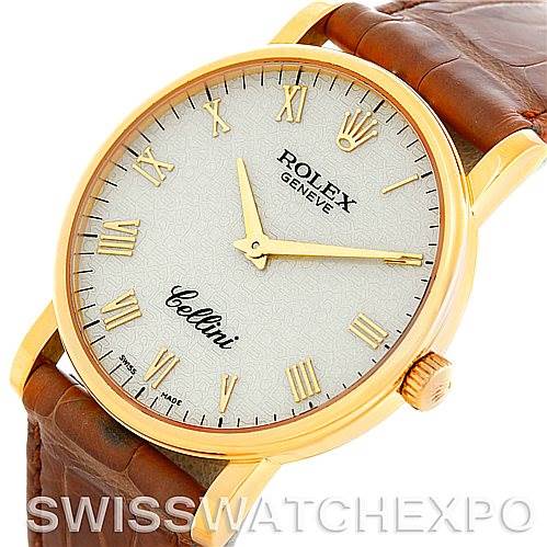 This image shows a Rolex Cellini 5115 Men's Yellow Gold Beige Dial 5115 Men's Yellow Gold Beige Dial watch at a front angle, highlighting its dial, hands, Roman numeral indices, and brown leather strap.