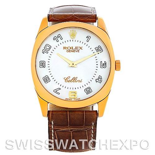 This image shows a front view of the Rolex Cellini 4233 Men's Yellow Gold White Dial 4233 Men's Yellow Gold White Dial watch, highlighting its circular dial, gold case, and brown leather strap.