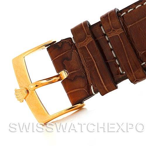 The image shows a close-up of the clasp and leather strap of a Rolex Cellini 4233 Men's Yellow Gold White Dial 4233 Men's Yellow Gold White Dial watch.