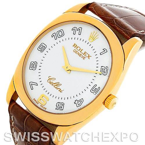 The image shows a tilted angle of a Rolex Cellini 4233 Men's Yellow Gold White Dial 4233 Men's Yellow Gold White Dial watch, displaying its gold case, white dial, and brown leather strap.