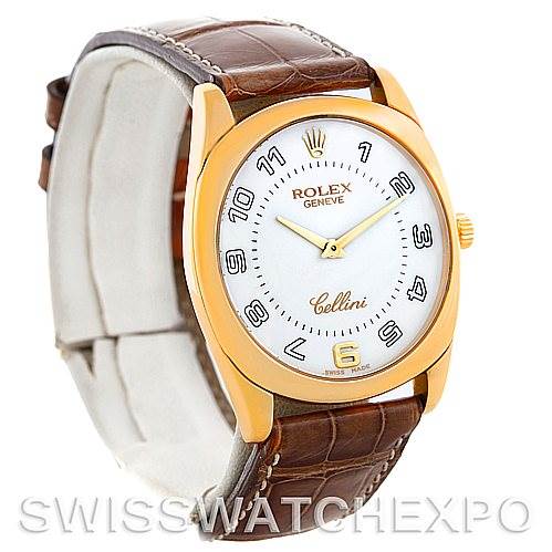 The image shows a Rolex Cellini 4233 Men's Yellow Gold White Dial 4233 Men's Yellow Gold White Dial watch at a front angle, highlighting its gold casing, white dial, brown leather strap, and crown.