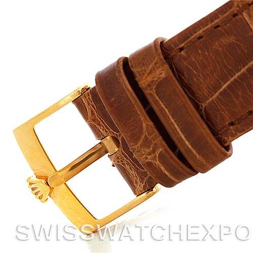 The image shows the buckle and strap of a Rolex Cellini 5116 Men's Yellow Gold Mother of Pearl Dial 5116 Men's Yellow Gold Mother of Pearl Dial watch from a close angle.